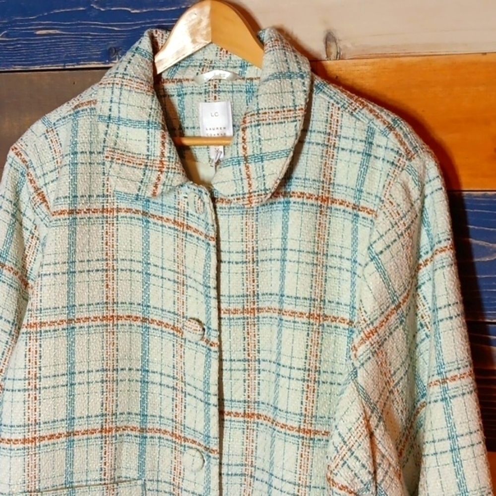 Lauren Conrad Plaid Jacket NWT 3X cream blue tan - Picture 3 of 7